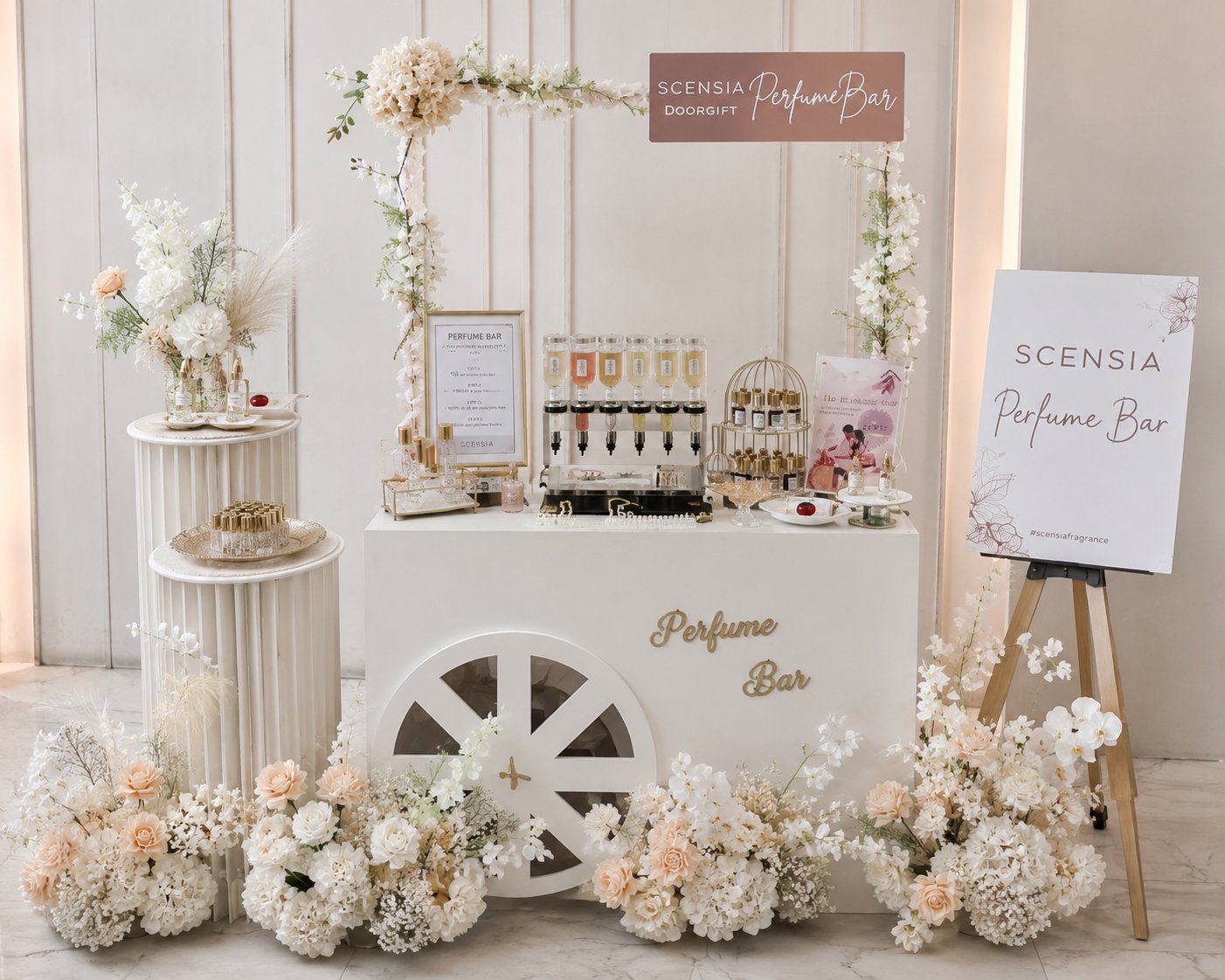 SCENSIA Perfume Bar Doorgift cart styled with cream flowers