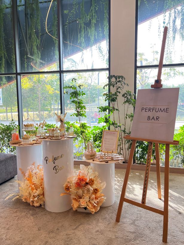 Perfume Bar styled with dried flowers outdoors