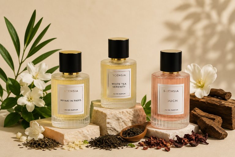 Three SCENSIA eau de parfum bottles