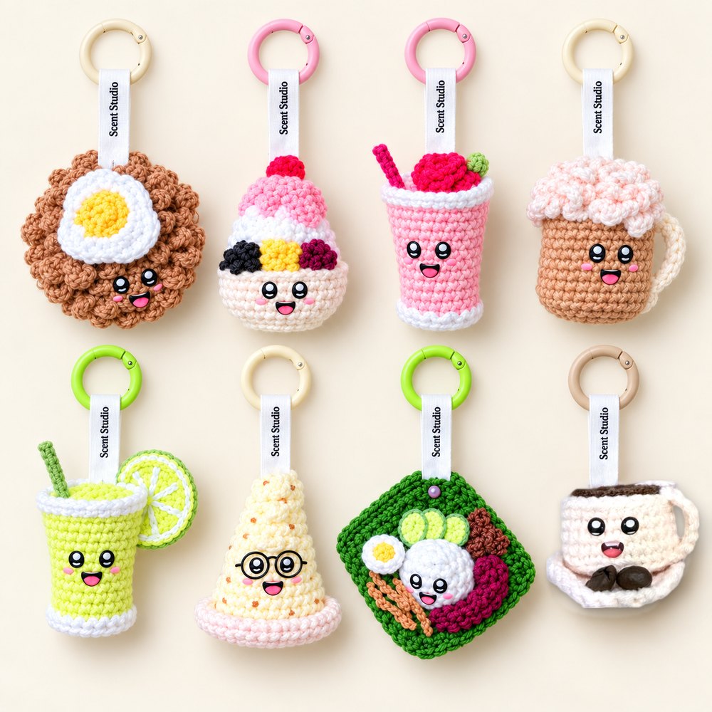 The 8 Mamak Series plush toy keychains: Maggie Goreng, ABC, Sirap Bandung, Teh Tarik, Limau Ais, Roti Tisu, Nasi Lemak and Kopi O