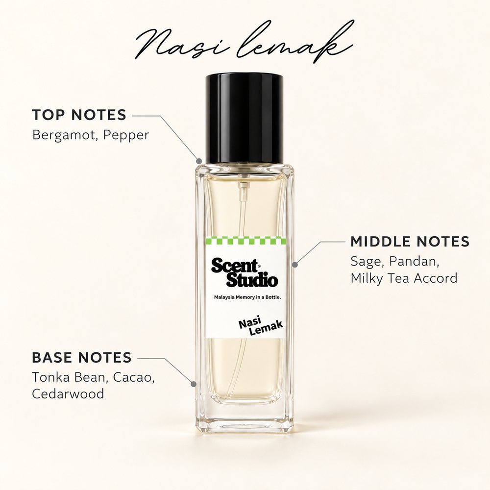 Scent Studio Nasi Lemak perfume scent notes: Bergamot, Pepper; Sage, Pandan, Milky Tea Accord; Tonka Bean, Cacao, Cedarwood