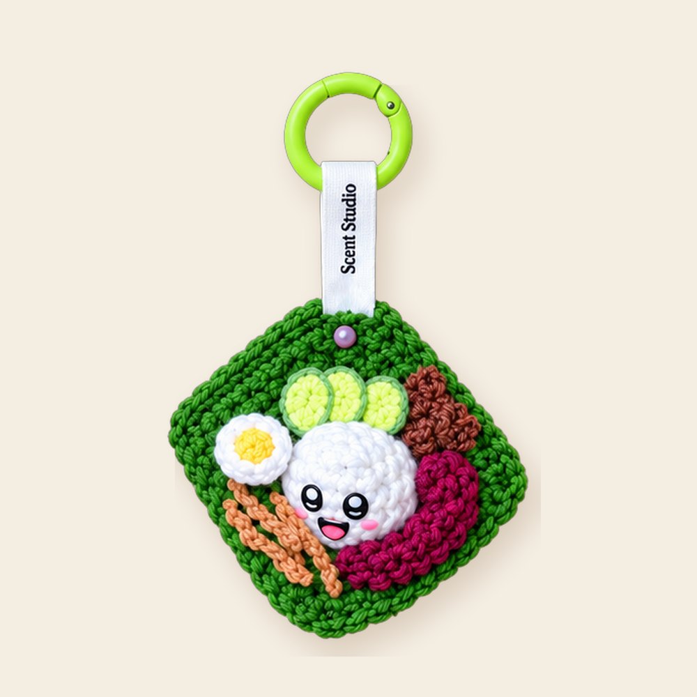 Nasi Lemak plush toy keychain, included with the Scent Studio Nasi Lemak perfume