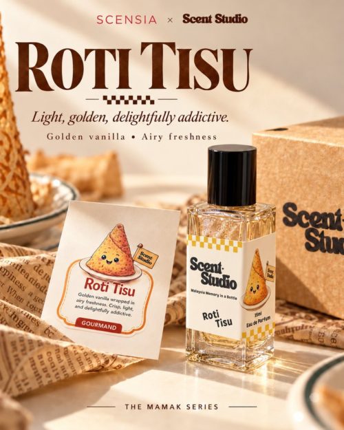 Scent Studio Roti Tisu perfume, Mamak Series by SCENSIA, inspired by the tall, crispy mamak roti tisu